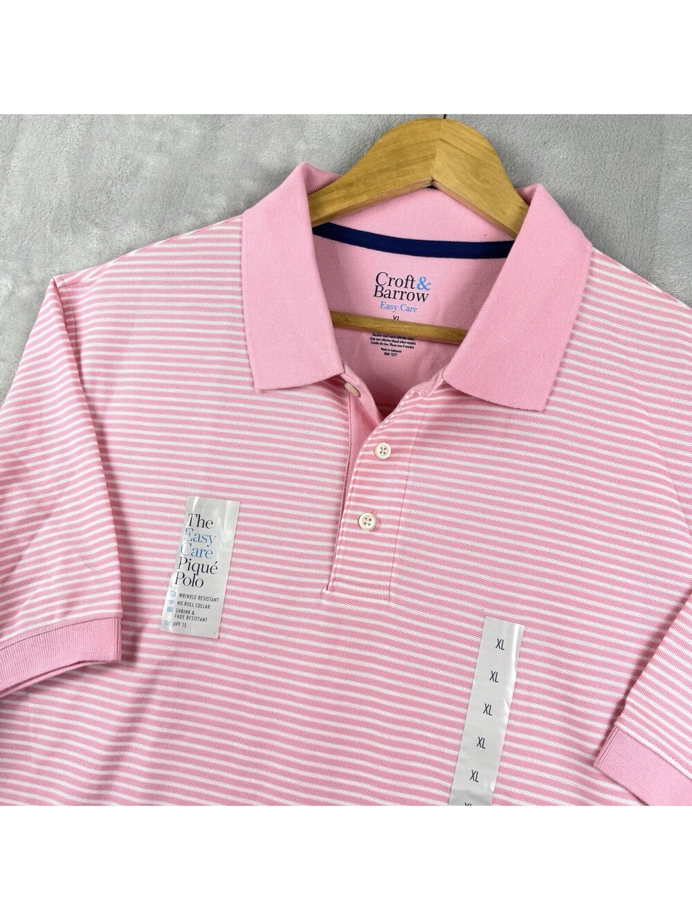 NWT Croft & Barrow Men’s XL Pink White Striped Easy Care Piqué Polo Shirt Casual